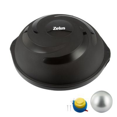 ZELUS 25in. Balance Ball | 1500lb Inflatable Half Exercise Ball Wobble Board Balance Trainer w Nonslip Base | Half Yoga Ball Strength Training Equipment w 2 Bands, Pump, Extra Ball Included (Black)