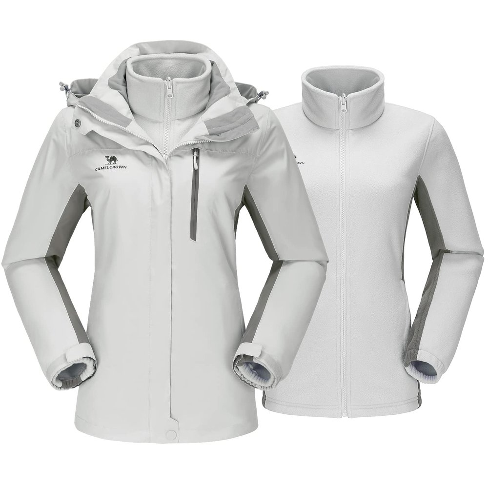 CAMEL CROWN Women's Waterproof Ski Jacket 3 in 1 Winter Coat Windbreaker Snowboard Jackets for Rain Snow Outdoor Hiking Light Grey 2XL