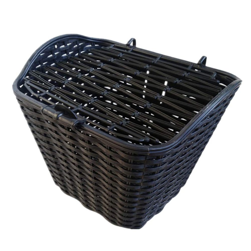 Plastic Bike Basket Front Handle Bar Basket Rattan Wicker Storage with Cover for Outdoor Cycling Accessory Black