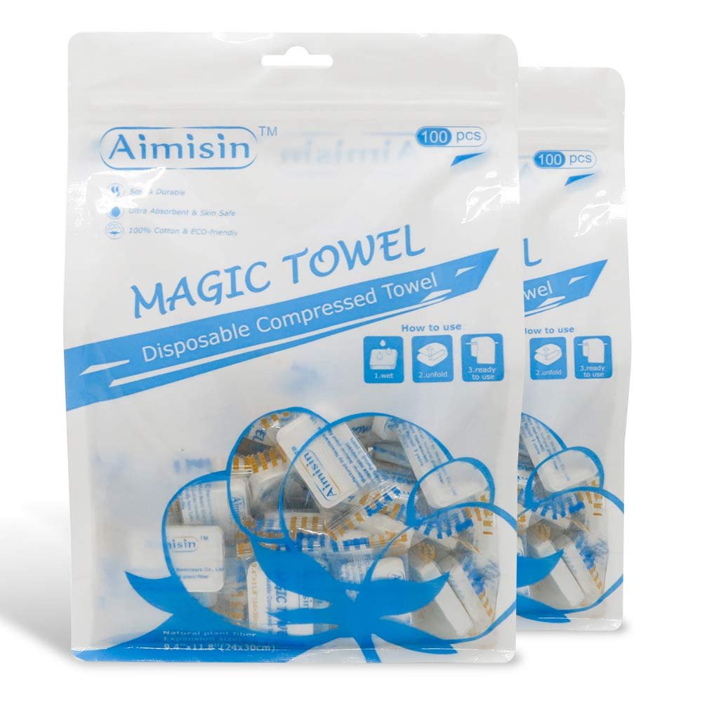 Aimisin Compressed Towels Disposable Soft Durable Towels 100% Cotton for Home Bathroom Travel Camping (S-9.4''x 11.8''-2pack(200pcs))
