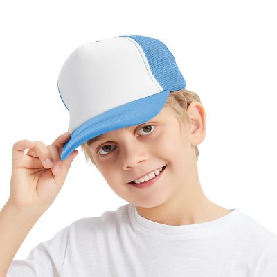 TopTie Kids 5 Panel Trucker Cap Mesh Snapback Hat Foam Front for Boys Girls Aged 3-7 Years Old-Light Blue/White