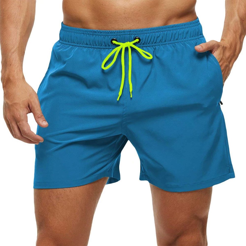 Tyhengta Mens Stretch Swim Trunks Quick Dry Beach Shorts with Zipper Pockets and Mesh Lining Peacock-Blue 32
