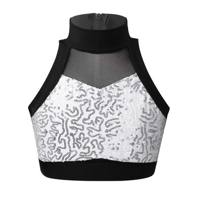 Aislor Kids Girls Sleeveless Tank Sequins Shiny Crop Top Dancewear Workout Mesh Splice Sports Outfit Silver 4
