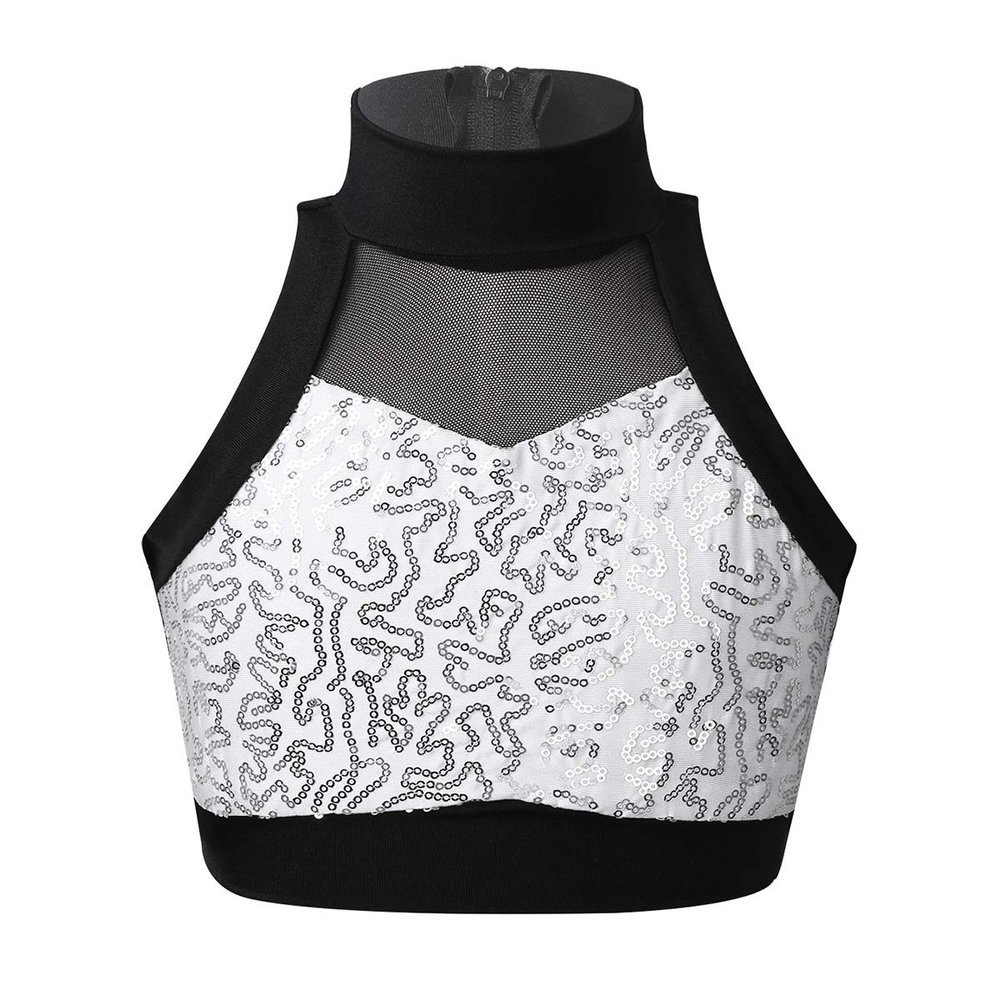Aislor Kids Girls Sleeveless Tank Sequins Shiny Crop Top Dancewear Workout Mesh Splice Sports Outfit Silver 4
