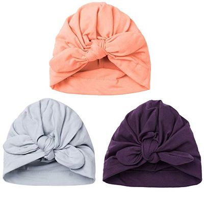 Hansber Newborn Baby 3PCS Soft Knot Rabbit Hospital Hat Cap Infant Babies Nursery Beanie for Birthday Party Gray Orange Purple One_Size