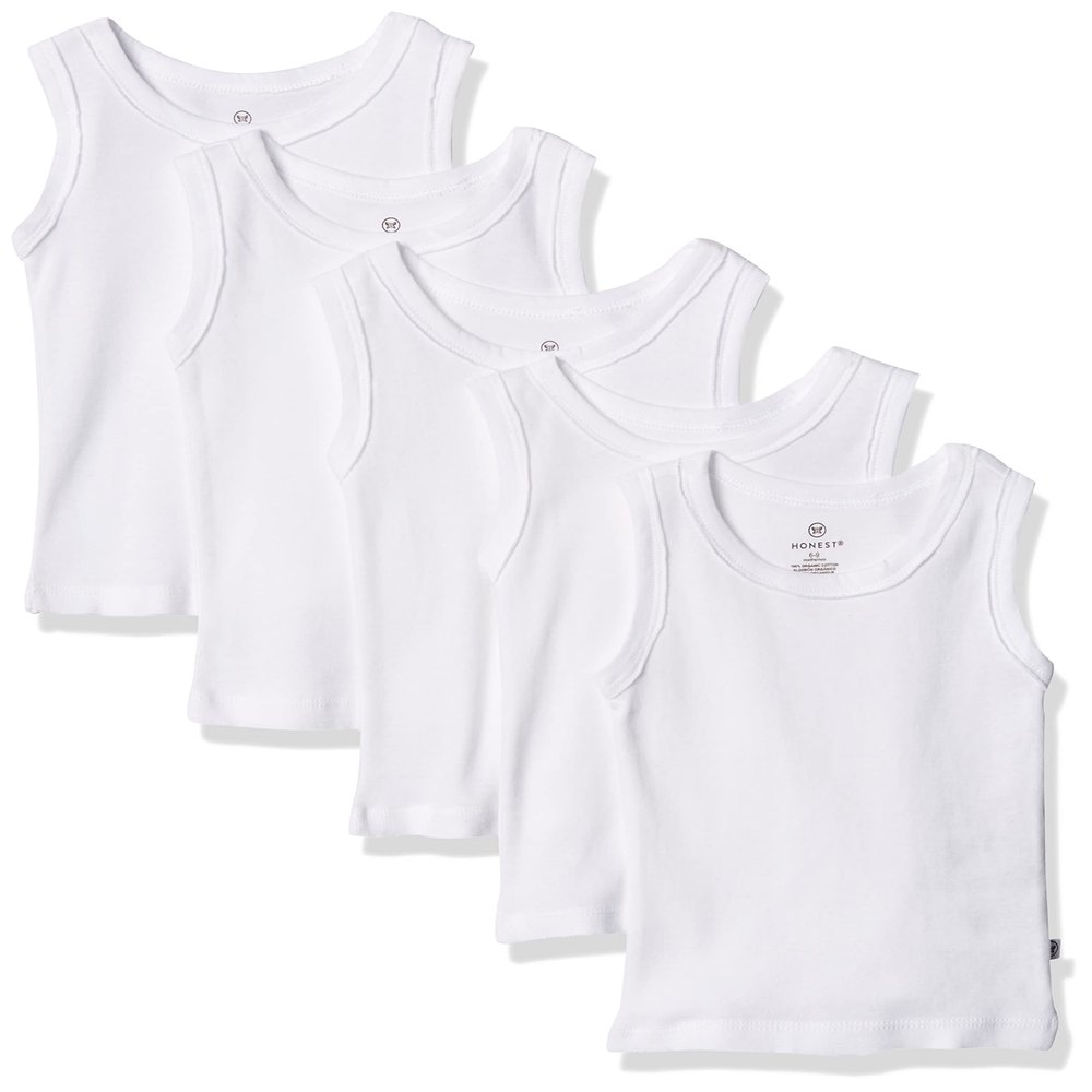 HonestBaby Sleeveless Muscle T-shirts 100% Organic Cotton for Infant Baby and Toddler Boys, Girls, 5-Pack Bright White, 2T