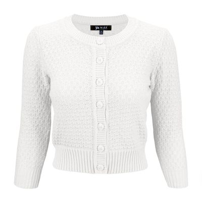 YEMAK Women's Cropped Cardigan Sweater  3/4 Sleeve Crewneck Basic Classic Casual Button Down Soft Crochet Knit Top MK3514-White-L