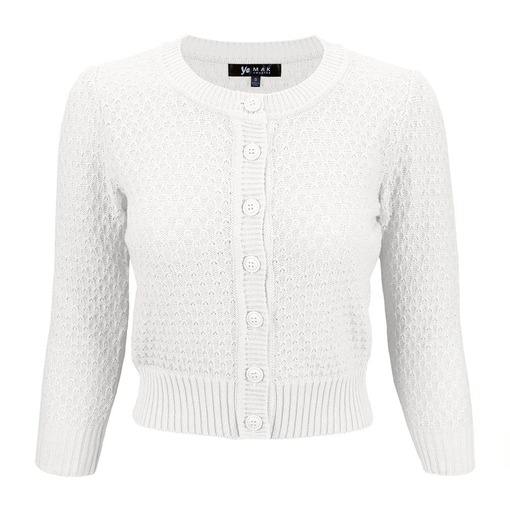 YEMAK Women's Cropped Cardigan Sweater 3/4 Sleeve Crewneck Basic Classic Casual Button Down Soft Crochet Knit Top MK3514-White-L