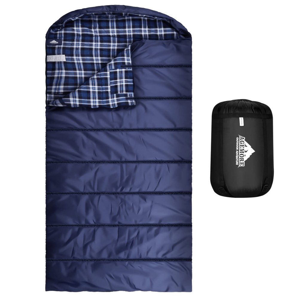 AGEMORE Cotton Flannel Sleeping Bag for Adults, Lightweight XXL Cotton Sleeping Bag for Camping Backpacking or Hiking, Water Resistant & Comfortable for Big and Tall, Fit for Warm & Cool Weather
