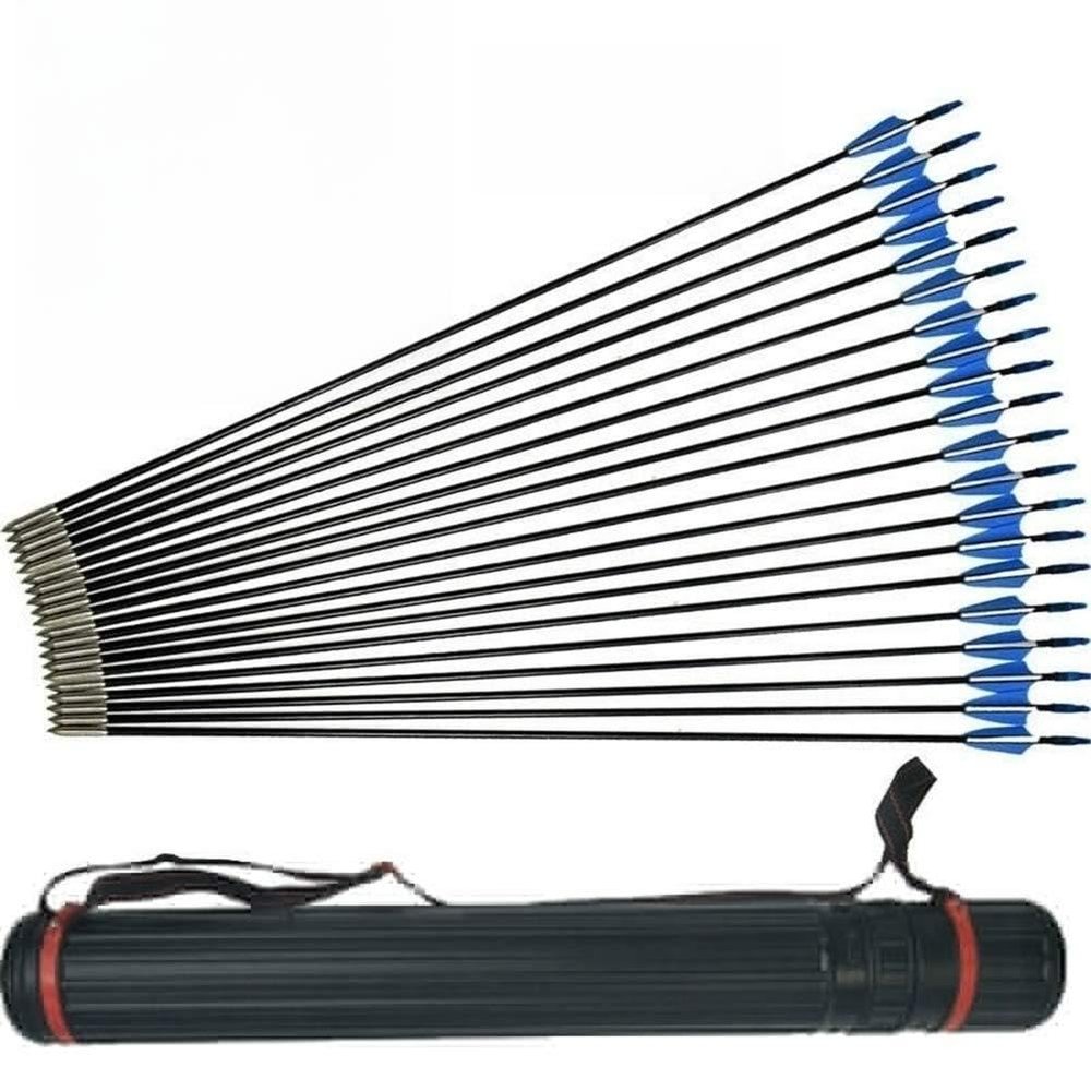 Pezicco Archery Carbon Target Arrows Hunting Arrows with Adjustable Nock and Replaceable Field Points for Compound Bow or Recurve Bow (24 PCS+Arrow Quiver)