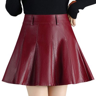 chouyatou Women's Casual Side Zipper Flare Pleated Faux Leather Skater Skirts (XX-Large, Dark Red)