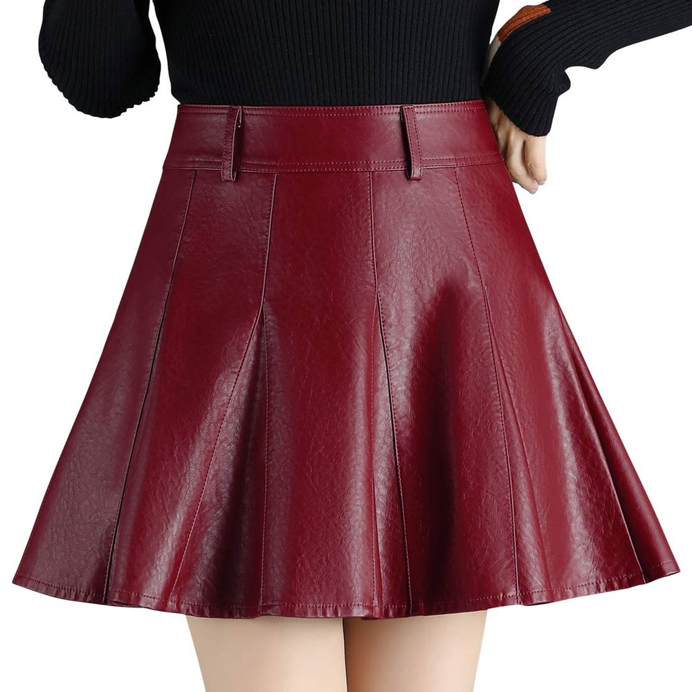 chouyatou Women's Casual Side Zipper Flare Pleated Faux Leather Skater Skirts (XX-Large, Dark Red)