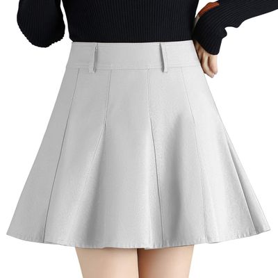 chouyatou Women's Casual Side Zipper Flare Pleated Faux Leather Skater Skirts (Small, White)