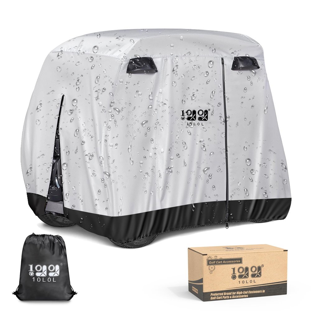 10L0L Universal Golf Cart Covers for Yamaha,Club Car, EZGO, Waterproof 2/4 Passenger Heavy Duty Golf Cart Rain Covers Extended Roof with 3 Zipper Doors (Sliver)