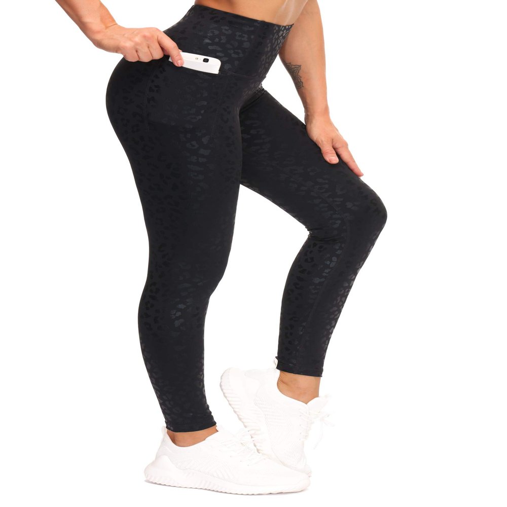 THE GYM PEOPLE Tummy Control Workout Leggings with Pockets High Waist Athletic Yoga Pants for Women Running, Fitness Silver/Black