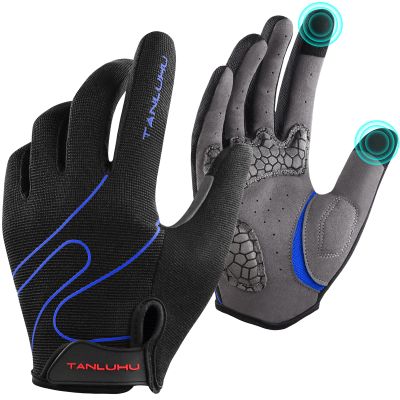 Tanluhu Cycling Mountain Bike Biking Gloves for Men Women Outdoor Full Finger Workout Touch Screen Anti-Slip Shock-Absorbing MTB Road Bicycle Gloves(Navy)