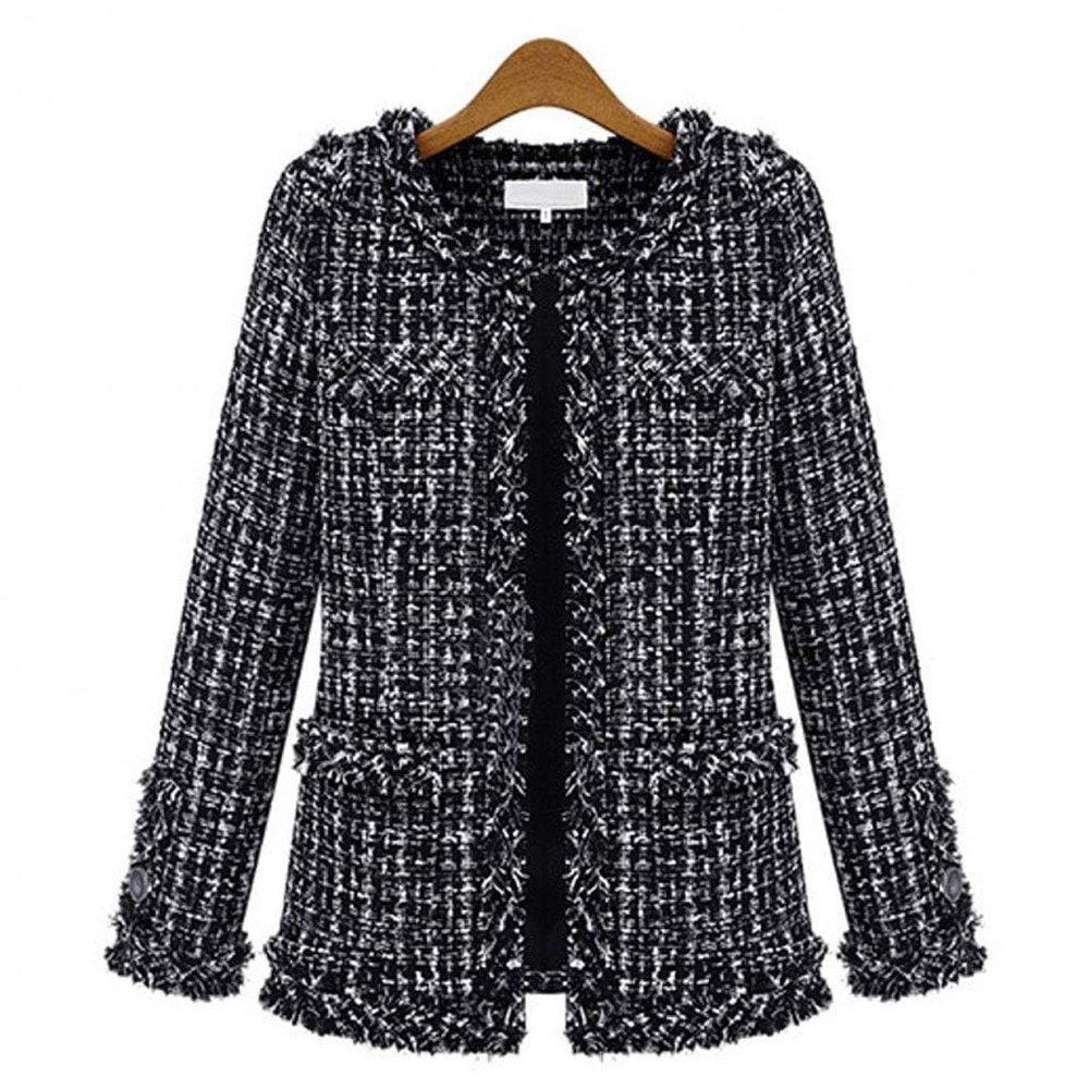 ebossy Women's Elegant Open Front Round Neck Fringed Plaid Tweed Jacket (Large, Black)