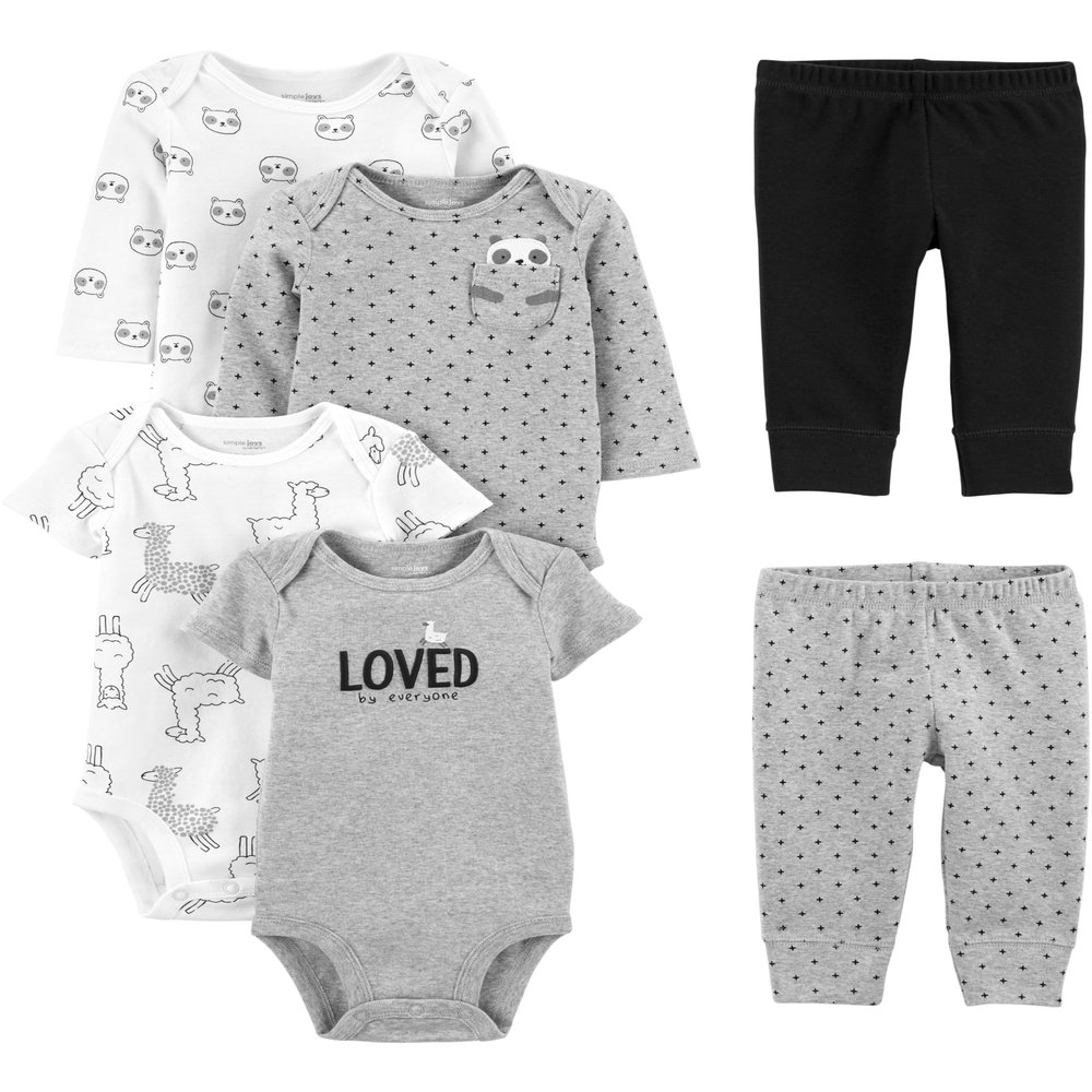 Simple Joys by Carter's unisex-baby 6-Piece Bodysuits (Short and Long Sleeve) and Pants Set, Black/Grey Text Print/White Llama/Panda, 3-6 Months