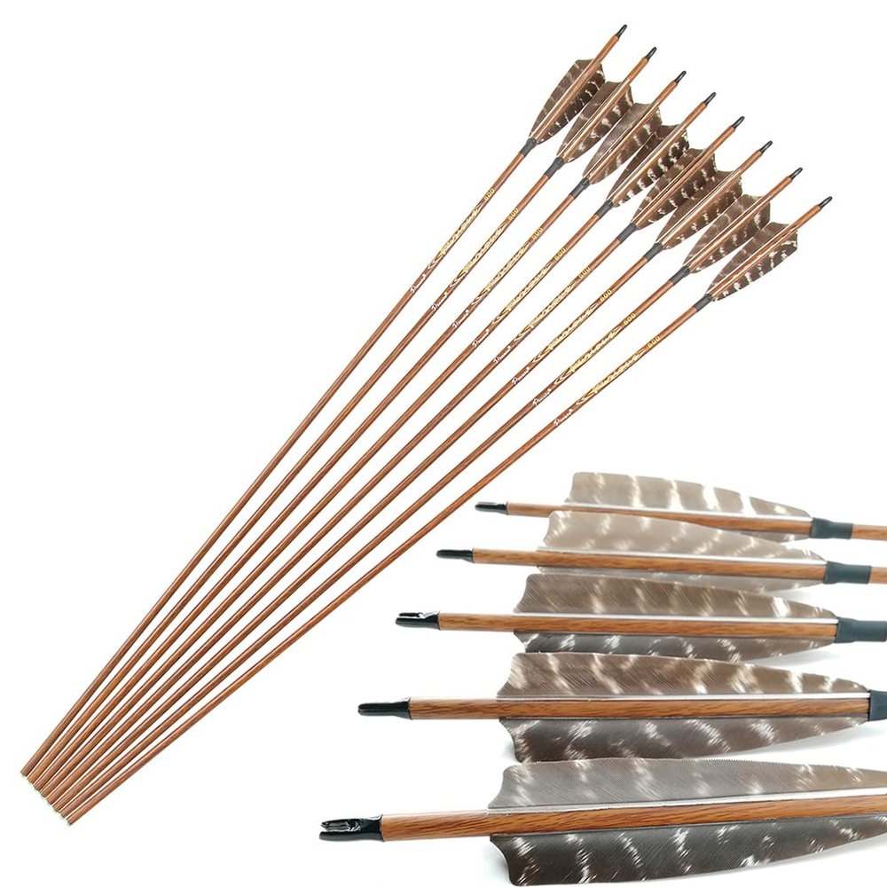 Pinals Traditional Archery Hunting Arrows 400 500 600 Spine Turkey Feather 30 32 Inch Carbon Shafts for Recurve Longbow Compound Bows Targets 12PCS 600