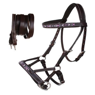 CHALLENGER Horse Western Padded Leather Beaded Bitless Sidepull Bridle Reins 77RT13BR-F