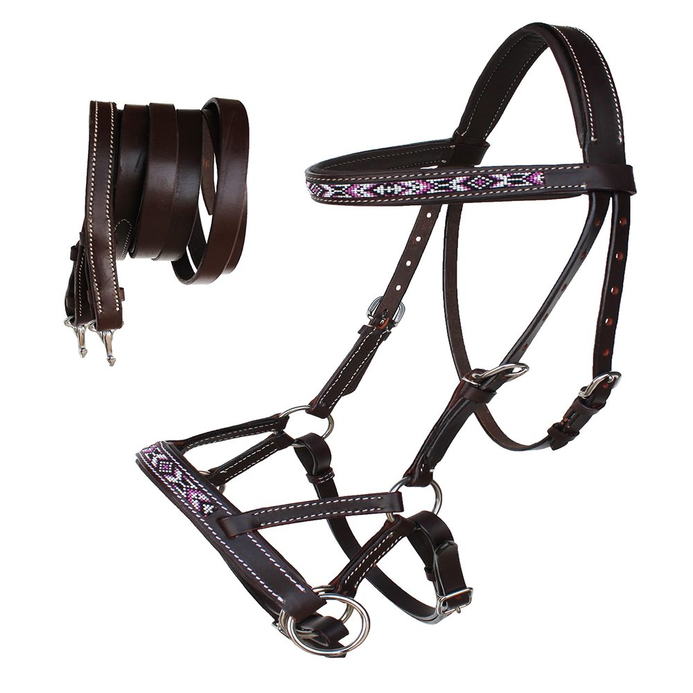 CHALLENGER Horse Western Padded Leather Beaded Bitless Sidepull Bridle Reins 77RT13BR-F