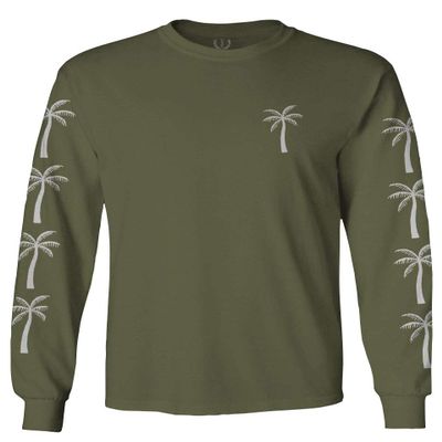 0318. Cool Graphic Surfer Society Summer California Palm Tree Beach Men's Long Sleeve t Shirt (Olive, 2X Large)