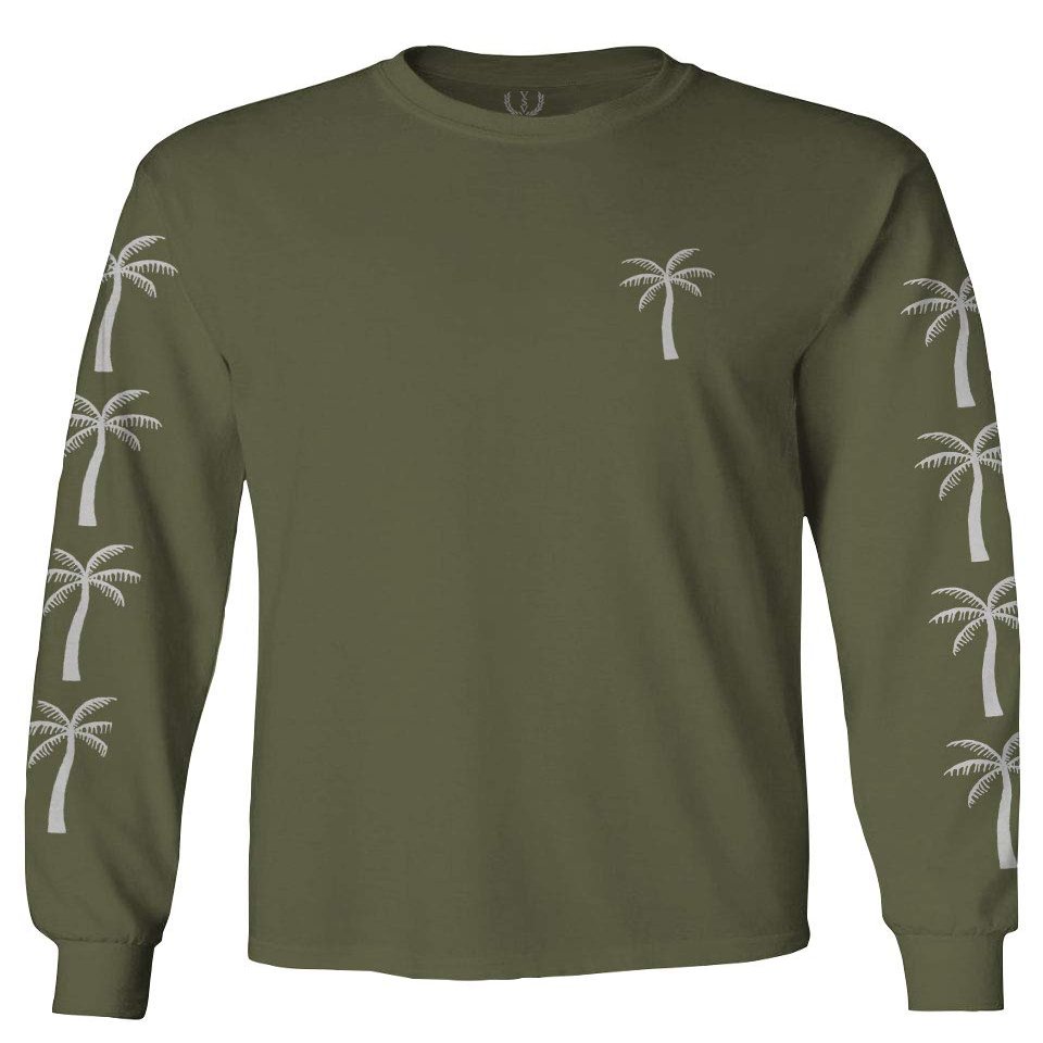 0318. Cool Graphic Surfer Society Summer California Palm Tree Beach Men's Long Sleeve t Shirt (Olive, 2X Large)