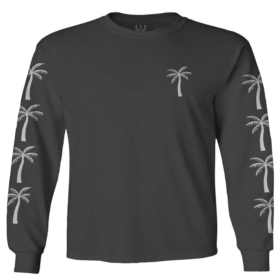 0318. Cool Graphic Surfer Society Summer California Palm Tree Beach Men's Long Sleeve t Shirt (Characol, 2X Large) Charcoal