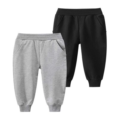HUAER& Baby Boy's Jogger Pants Dinosaur Car Animal Print Drawstring Elastic Sweatpants 2-Pack (Gray+Black, 3T)