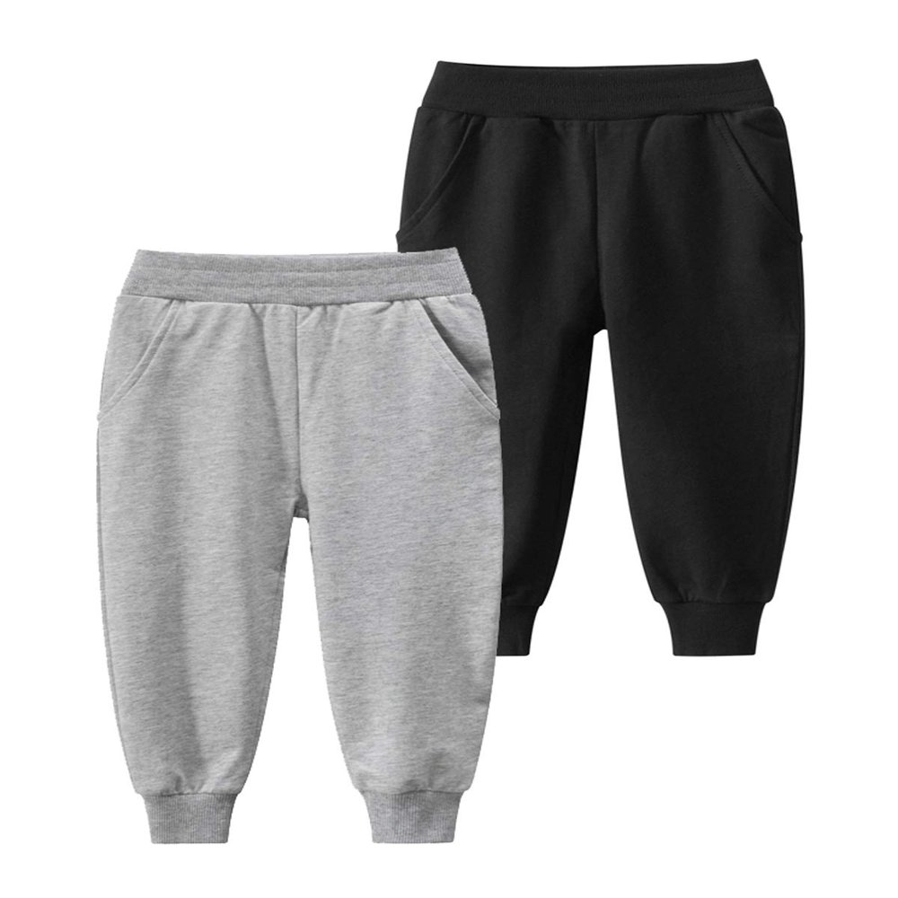 HUAER& Baby Boy's Jogger Pants Dinosaur Car Animal Print Drawstring Elastic Sweatpants 2-Pack (Gray+Black, 3T)