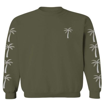 0318. Cool Graphic Surfer Society Summer California Palm Tree Beach Men's Crewneck Sweatshirt (Olive Large)