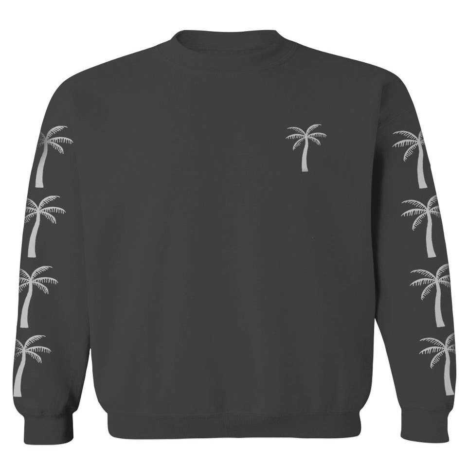 0318. Cool Graphic Surfer Society Summer California Palm Tree Beach Men's Crewneck Sweatshirt (Characol Medium) Charcoal