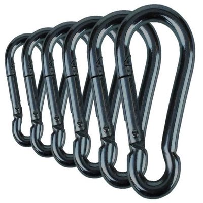 Branded Boards Black & Silver Zinc-Galvanized Heavy Duty Bushcraft Carabiner Spring Snap Clip Link Hooks 200-500lb Load 2, 6 & 12 Packs (Black-7cm-6 Pack)
