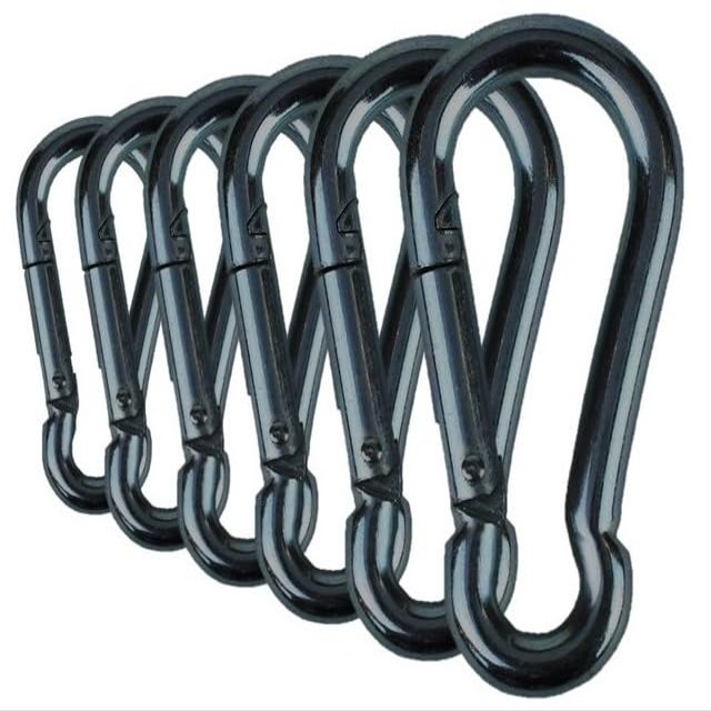 Branded Boards Black & Silver Zinc-Galvanized Heavy Duty Bushcraft Carabiner Spring Snap Clip Link Hooks 200-500lb Load 2, 6 & 12 Packs (Black-7cm-6 Pack)