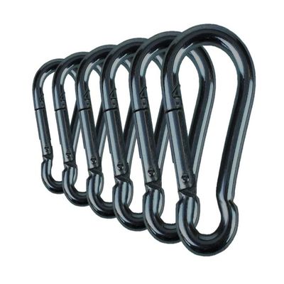 Branded Boards Black & Silver Zinc-Galvanized Heavy Duty Bushcraft Carabiner Spring Snap Clip Link Hooks 200-500lb Load 2, 6 & 12 Packs (Black-5cm-6 Pack)