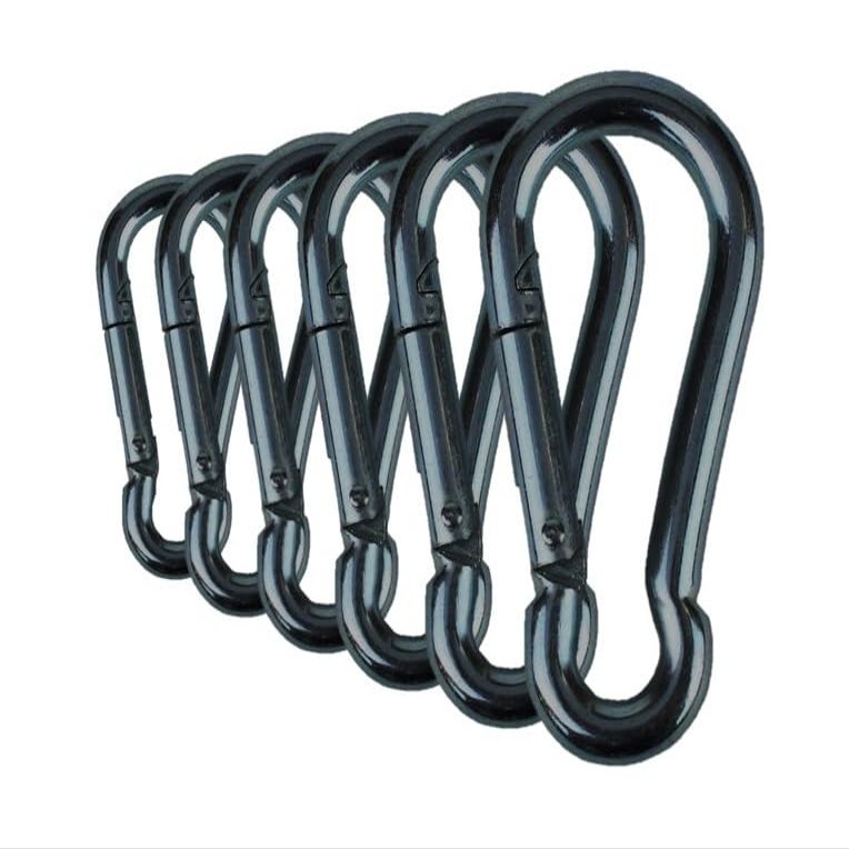 Branded Boards Black & Silver Zinc-Galvanized Heavy Duty Bushcraft Carabiner Spring Snap Clip Link Hooks 200-500lb Load 2, 6 & 12 Packs (Black-5cm-6 Pack)