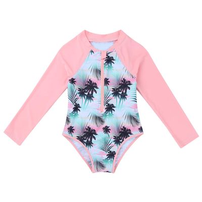 Aislor Kids Girls Palm Floral Rash Guard One Piece Sun Protection Swimsuit Beachwear Summer Vacation Pink 8