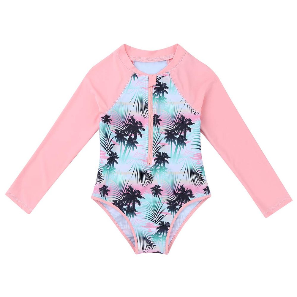 Aislor Kids Girls Palm Floral Rash Guard One Piece Sun Protection Swimsuit Beachwear Summer Vacation Pink 8