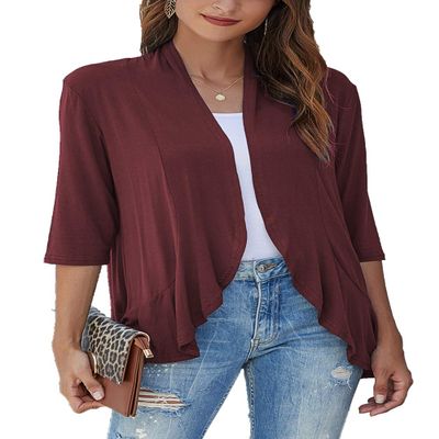 Bluetime Women Casual Lightweight Open Front Cardigans Soft Draped Ruffles 3/4 Sleeve Cardigan (XXL, Wine Red)