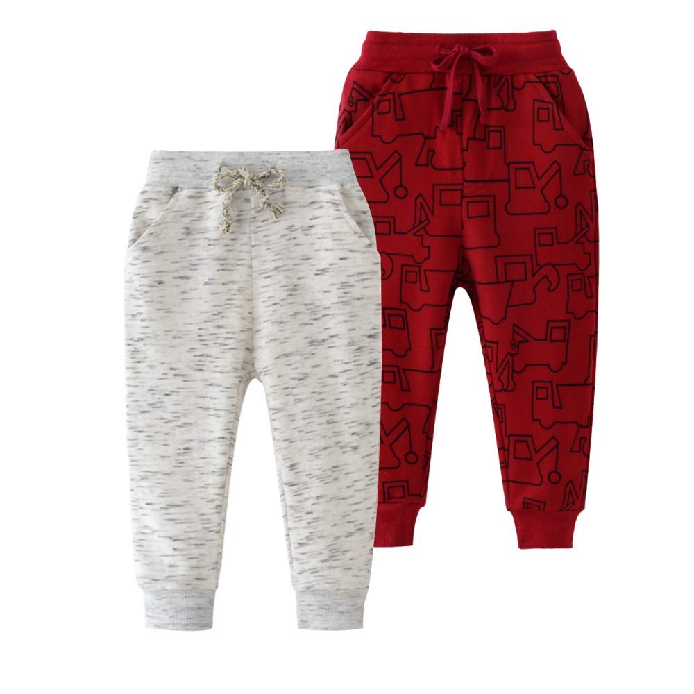 Azalquat Toddlers Boys Cotton Pull-On Sweat Pants, Cartoon Print Jog Sweatpants 2-Pack (Red Car & White Yarn, 18-24 Months)