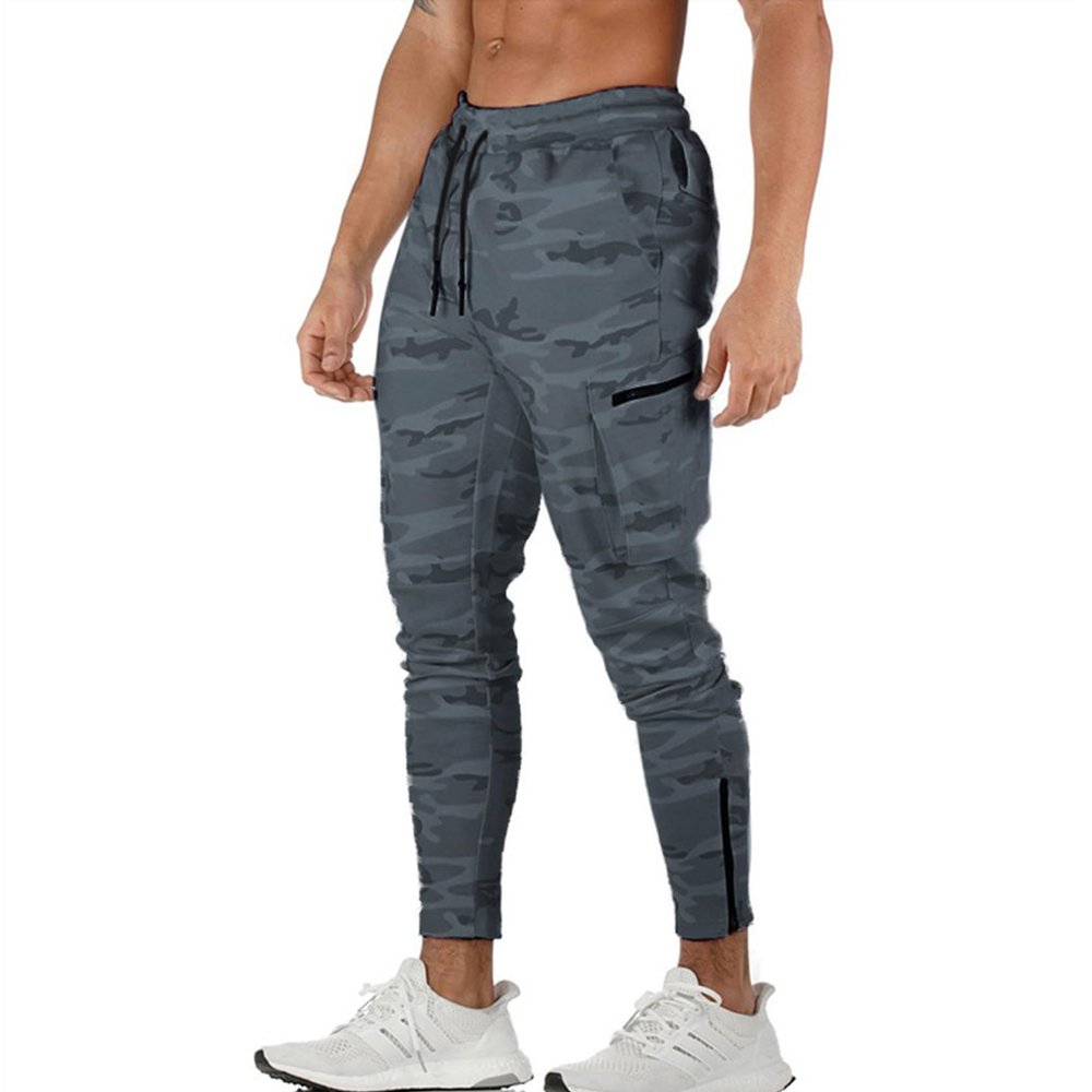 DIOTSR Men's Cargo Pants Casual Athletic Joggers Pants Gym Workout Sweatpants with Zipper Pockets (Camo Gray, X-Small)