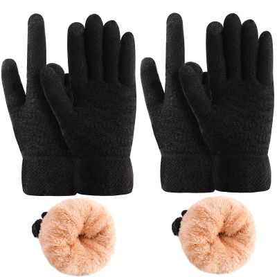 FENELY Women's Winter Warm Touch Screen Gloves Womens Thermal Black Cable Knit Wool Fleece Lined Touchscreen Texting Mittens for Cold Weather