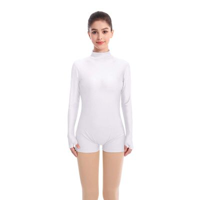 IDOPIP Women Long Sleeve Ballet Dance Leotard Gymnastics Workout Biketards Turtleneck Zipper Bodysuit Jumpsuit Stretchy Tops Adult Basic Training Unitards Ballerina Dancewear White XL