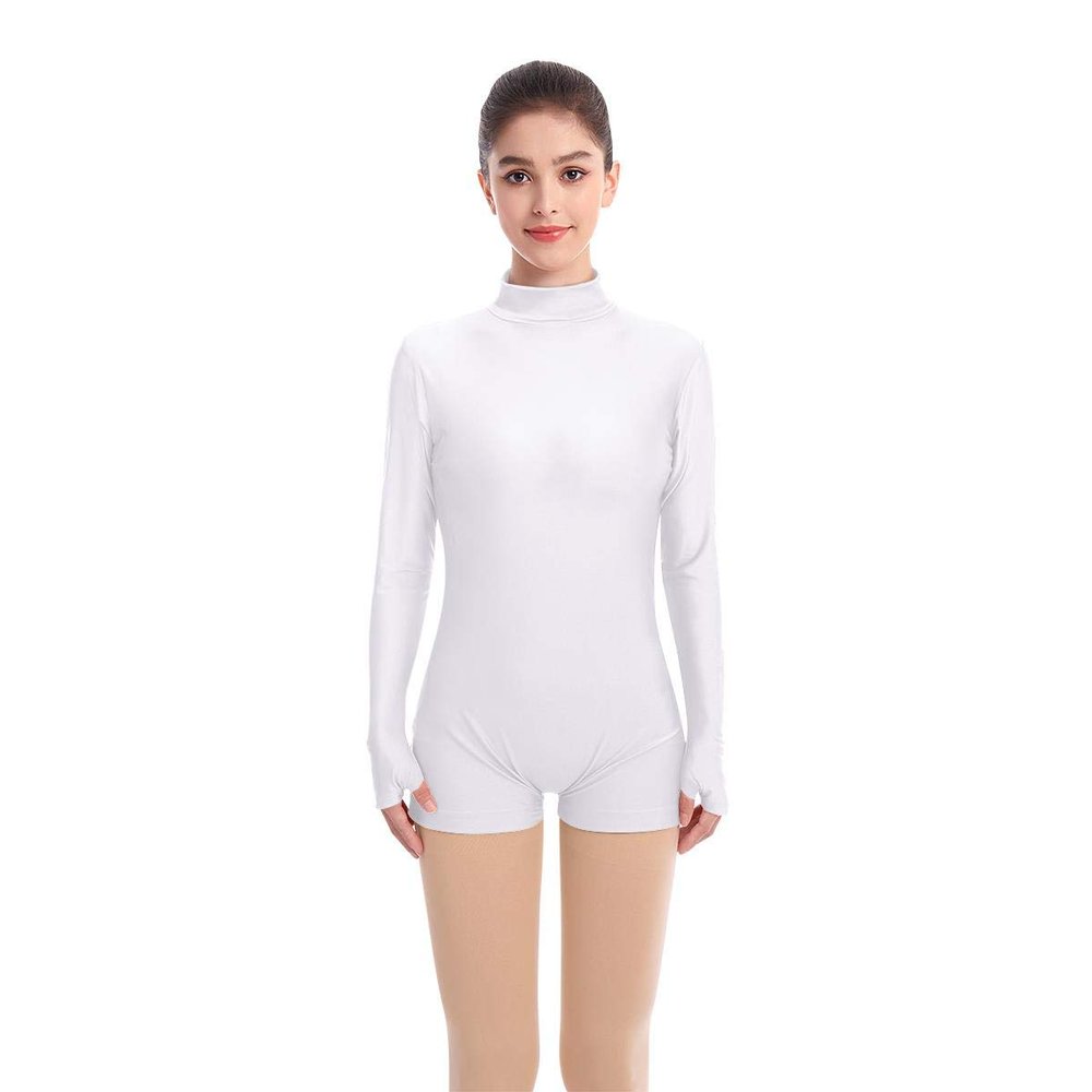 IDOPIP Women Long Sleeve Ballet Dance Leotard Gymnastics Workout Biketards Turtleneck Zipper Bodysuit Jumpsuit Stretchy Tops Adult Basic Training Unitards Ballerina Dancewear White XL