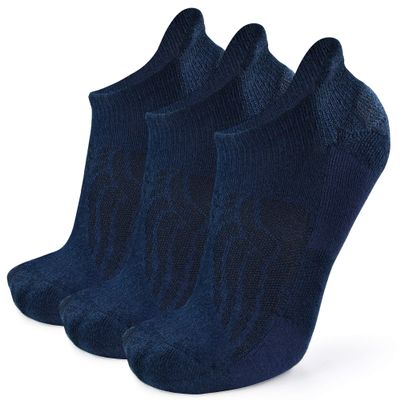 Busy Socks Womens Navy Wool Running Socks Ankle, Mens Non-blister Seamless Toe Merino Wool Half Cushioned Socks, Navy, Medium, 3 Pairs