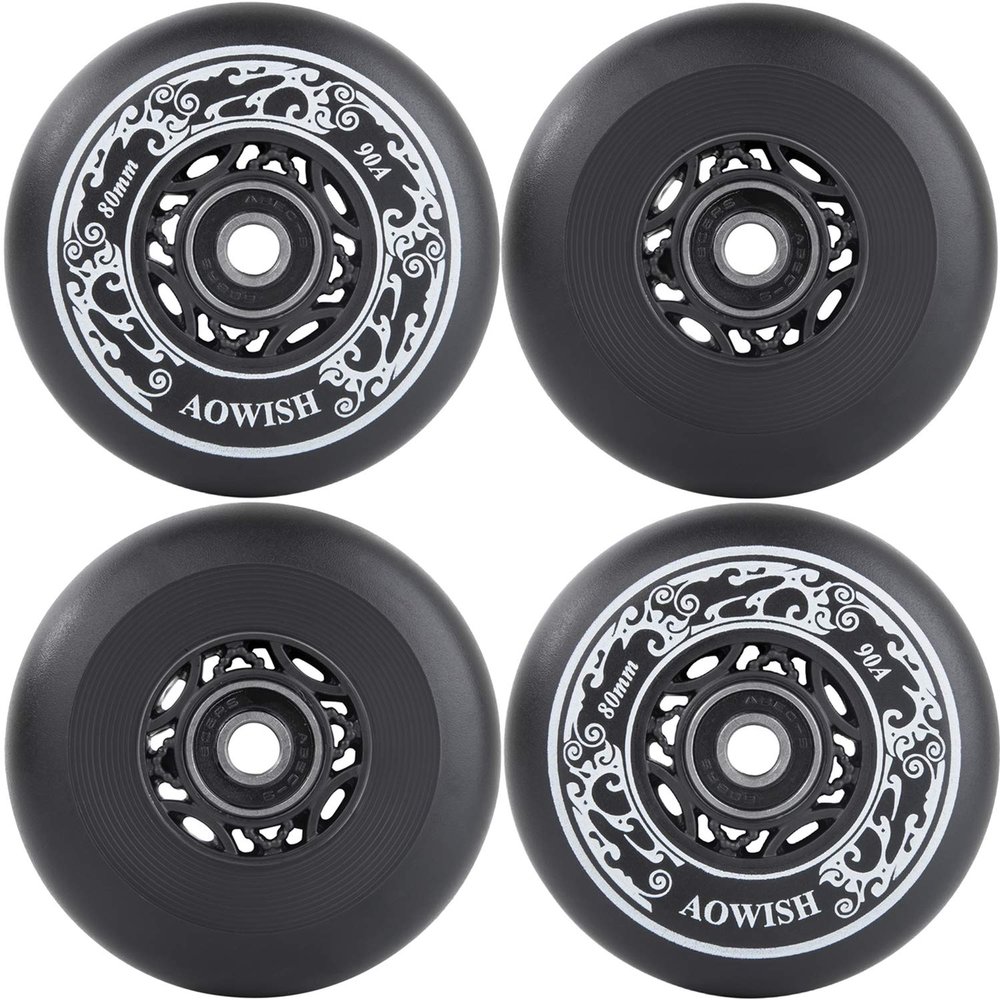 AOWISH Inline Skate Wheels Outdoor Asphalt Formula Aggressive Roller Blades Wheels 90a Roller Hockey Replacement Wheels with Bearings ABEC-9 and Floating Spacers, 4-Pack (Black, 76mm)