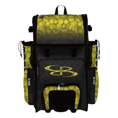 Boombah Superpack Hybrid Rolling Bat Bag - Softball Black/Optic Yellow/Red - Wheeled & Backpack Version