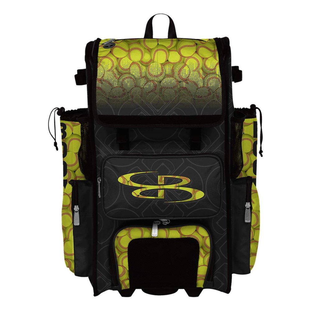 Boombah Superpack Hybrid Rolling Bat Bag - Softball Black/Optic Yellow/Red - Wheeled & Backpack Version
