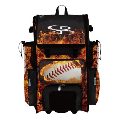 Boombah Superpack Hybrid Rolling Bat Bag - Fire Ball Black/Orange/White - Wheeled & Backpack Version