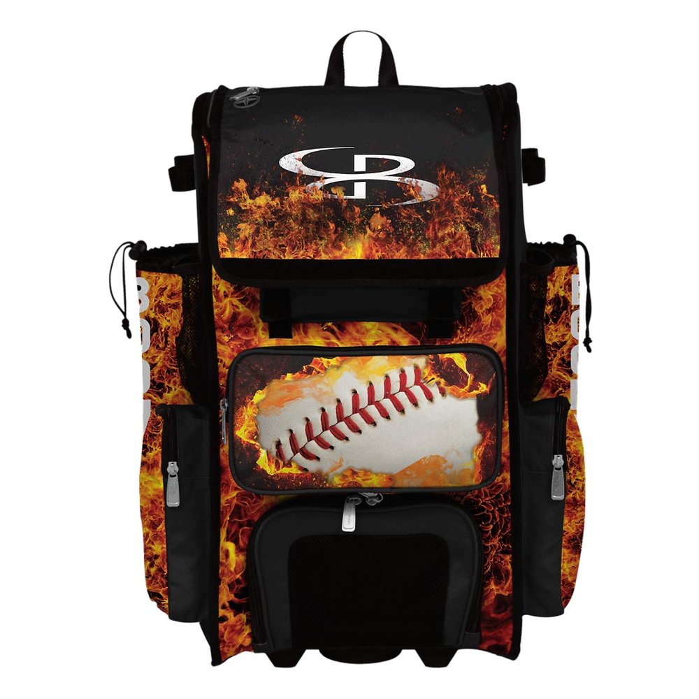 Boombah Superpack Hybrid Rolling Bat Bag - Fire Ball Black/Orange/White - Wheeled & Backpack Version